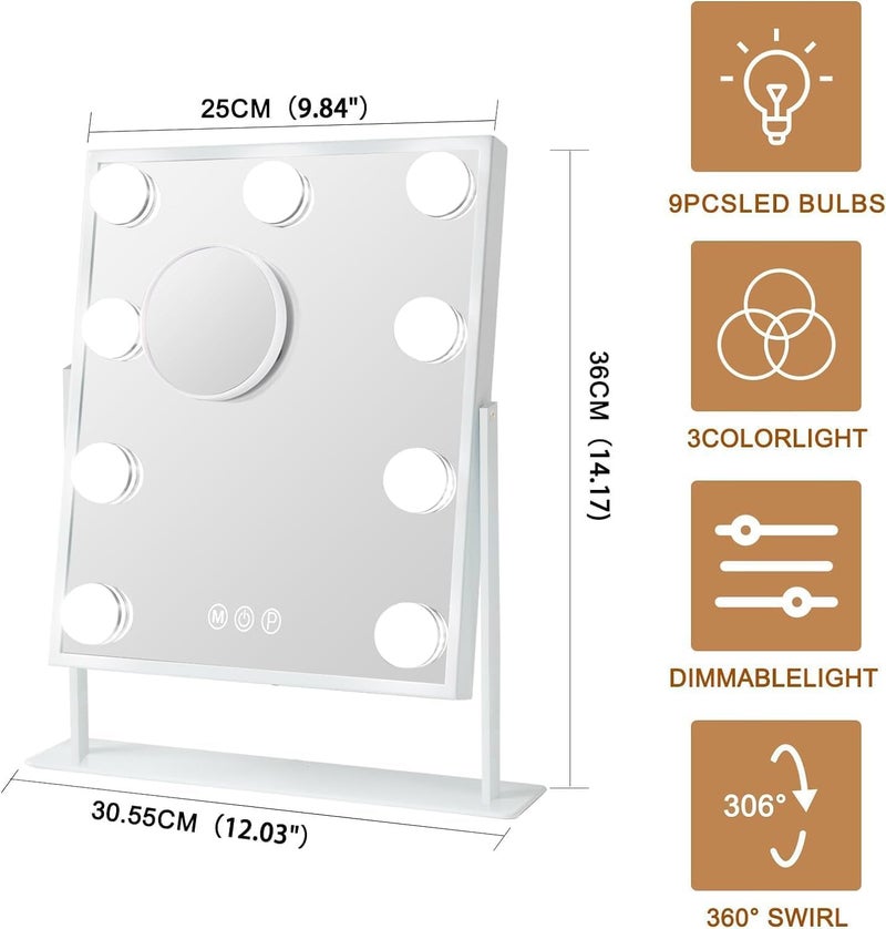 FENCHILIN Vanity Mirror with Lights Hollywood Lighted Makeup Mirror with 9 LED Bulbs, 3Colors Dimable Light Detachable 10X Magnification(White) - Image 4