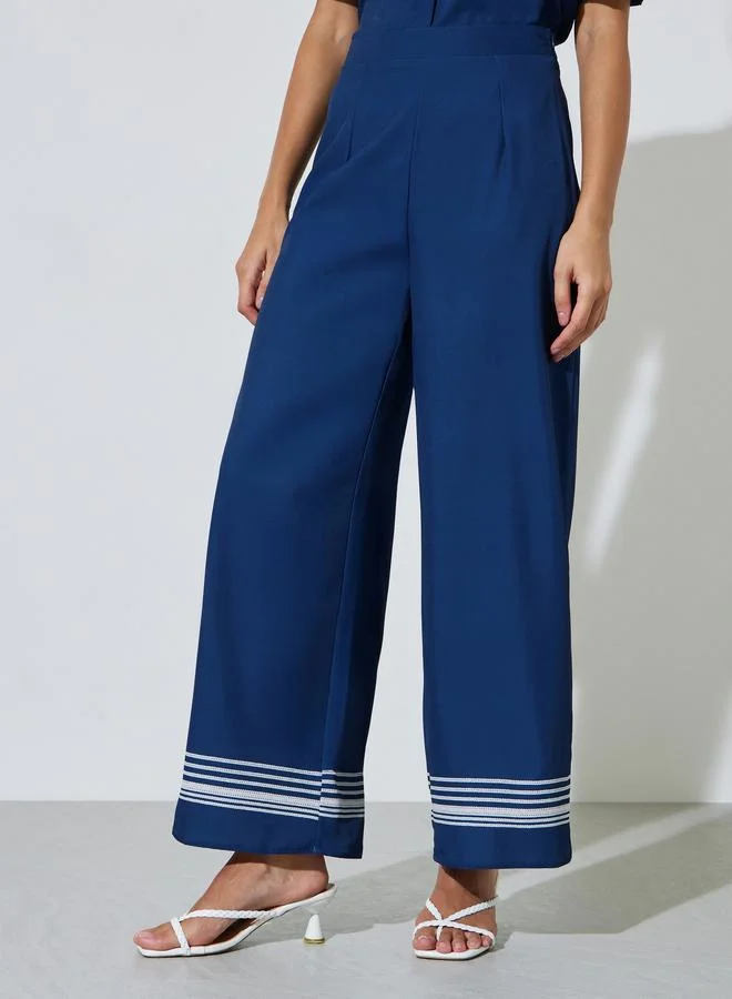 Styli Navy Blue Striped Hem Wide Leg Pants