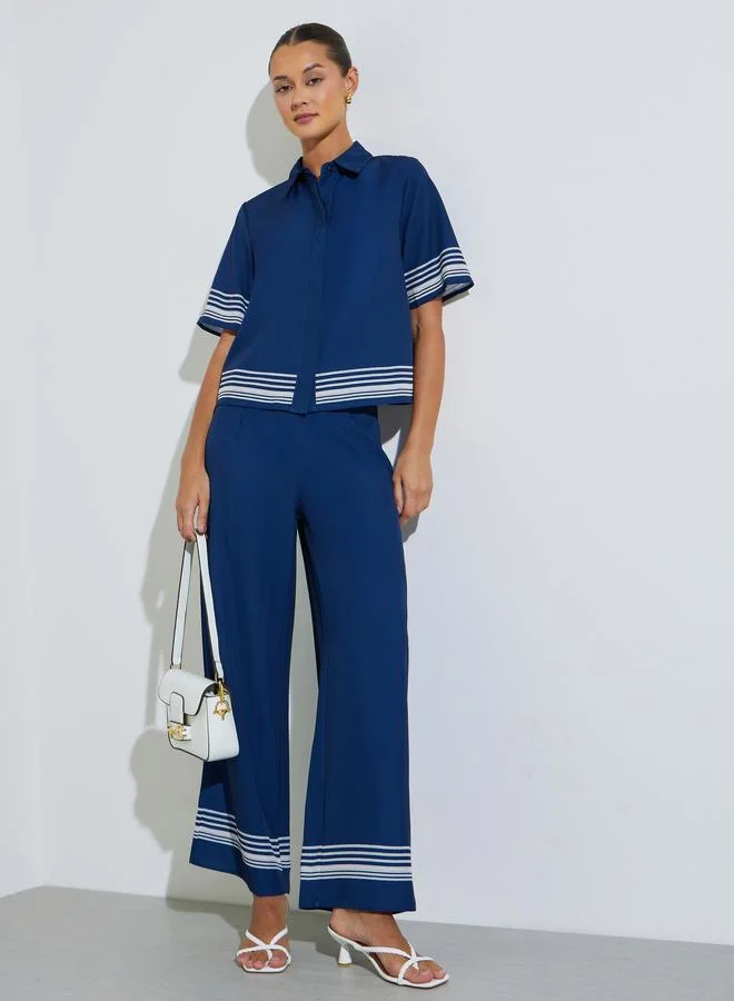 Styli Navy Blue Striped Hem Wide Leg Pants