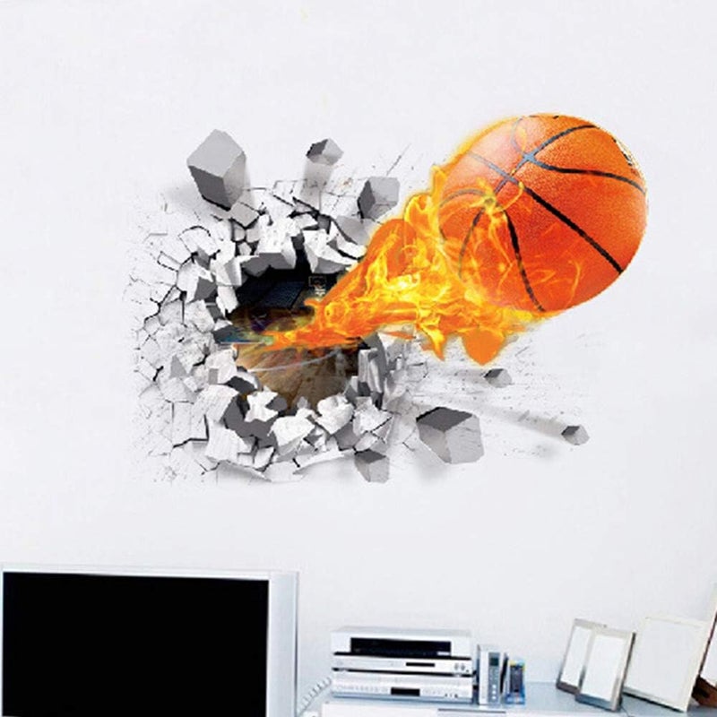 Supzone 3D Basketball Wall Stickers Breakthrough Wall Sticker Self-Adhesive Fireball Wall Decor Vinyl Removable Flying Basketball Wall Art for Kids Wall Stickers for Bedroom Playroom Wall Mural - Image 3