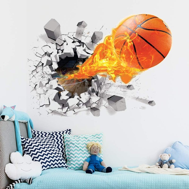 Supzone 3D Basketball Wall Stickers Breakthrough Wall Sticker Self-Adhesive Fireball Wall Decor Vinyl Removable Flying Basketball Wall Art for Kids Wall Stickers for Bedroom Playroom Wall Mural - Image 1
