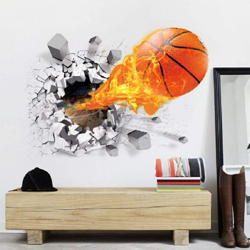 Supzone 3D Basketball Wall Stickers Breakthrough Wall Sticker Self-Adhesive Fireball Wall Decor Vinyl Removable Flying Basketball Wall Art for Kids Wall Stickers for Bedroom Playroom Wall Mural - Image 5