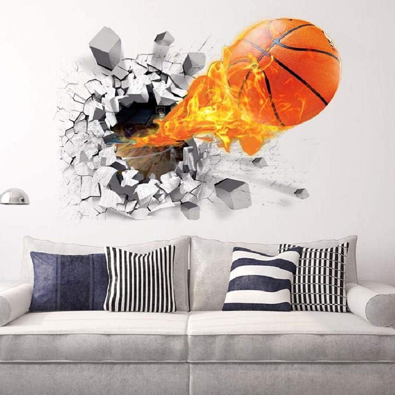 Supzone 3D Basketball Wall Stickers Breakthrough Wall Sticker Self-Adhesive Fireball Wall Decor Vinyl Removable Flying Basketball Wall Art for Kids Wall Stickers for Bedroom Playroom Wall Mural - Image 2