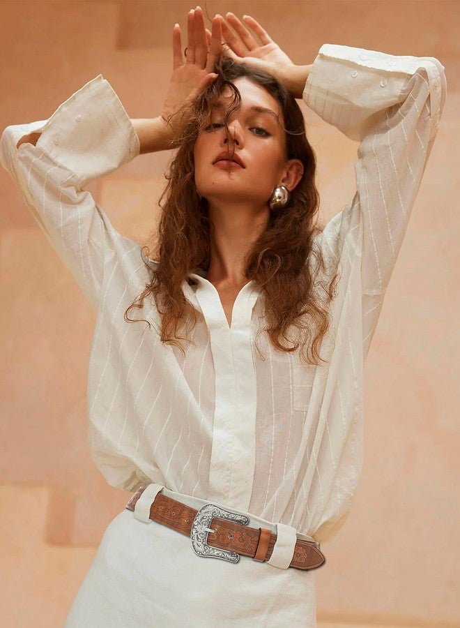 إيوهاك حزام إيوهاك الغربي للنساء، حزام خصر من الجلد الصناعي مع مشبك منحوت عتيق وأطراف مدببة لفساتين الجينز - Image 4