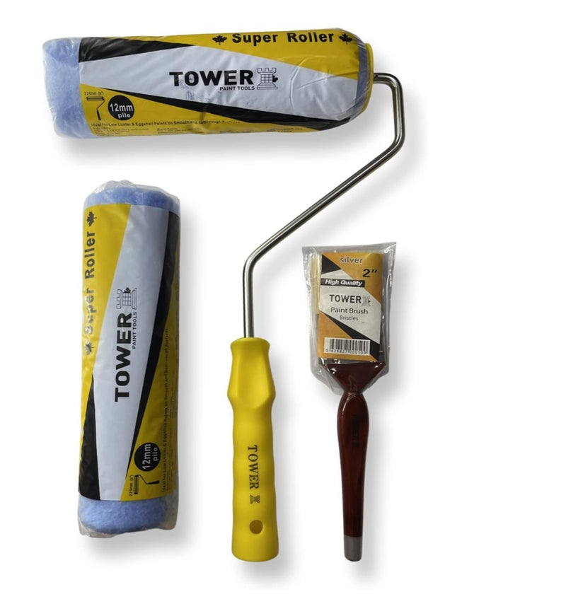 تاور مجموعة أدوات طلاء TOWER مكونة من 3 قطع - فرشاة طلاء 2 بوصة، بكرة طلاء 9 بوصة، عبوة إعادة تعبئة بكرة طلاء 9 بوصة، مجموعة لوازم طلاء، طلاء المنازل، أدوات، بكرة طلاء وفرش طلاء - Image 1