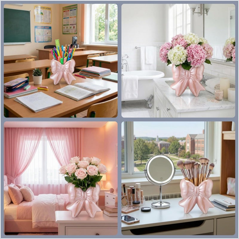 Jingmore Iridescent Pink Bow Vase Coquette Ceramic Vase Pen Holder Makeup Brush Holder Contemporary Design Women Decorative Gift for Wedding Home Office Shelf Table Room(Small, Classic) - Image 5