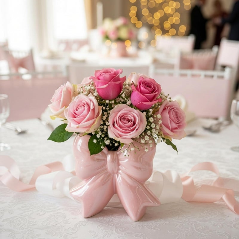 Jingmore Iridescent Pink Bow Vase Coquette Ceramic Vase Pen Holder Makeup Brush Holder Contemporary Design Women Decorative Gift for Wedding Home Office Shelf Table Room(Small, Classic) - Image 3