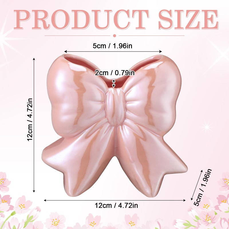 Jingmore Iridescent Pink Bow Vase Coquette Ceramic Vase Pen Holder Makeup Brush Holder Contemporary Design Women Decorative Gift for Wedding Home Office Shelf Table Room(Small, Classic) - Image 4