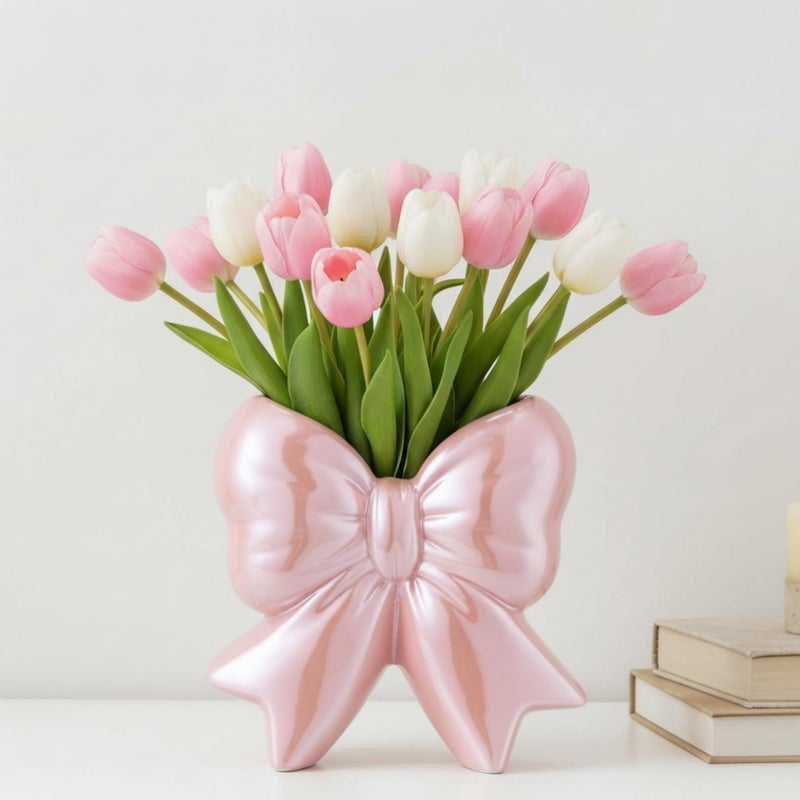 Jingmore Iridescent Pink Bow Vase Coquette Ceramic Vase Pen Holder Makeup Brush Holder Contemporary Design Women Decorative Gift for Wedding Home Office Shelf Table Room(Small, Classic) - Image 1