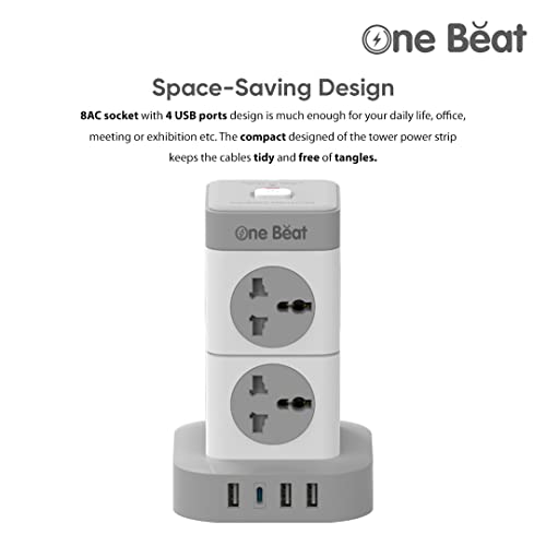 One Beat Mini Tower Extension Boards with USB Port with Universal Sockets and Charging Ports with Indicatori Plug Socket (8 Socket + 3 + 1 Type C), 250 Volts, White - Image 3