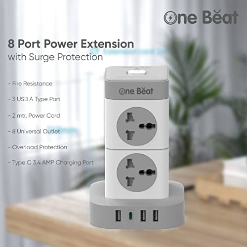 One Beat Mini Tower Extension Boards with USB Port with Universal Sockets and Charging Ports with Indicatori Plug Socket (8 Socket + 3 + 1 Type C), 250 Volts, White - Image 4
