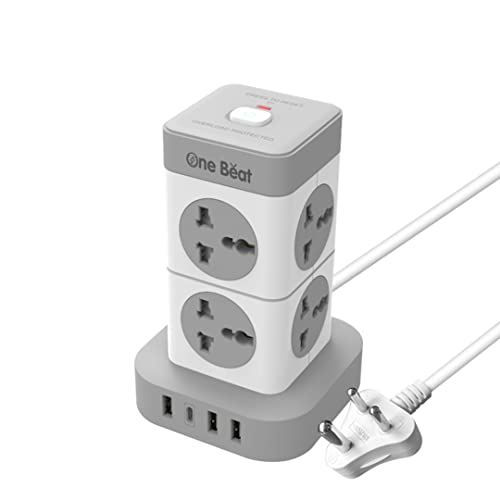 One Beat Mini Tower Extension Boards with USB Port with Universal Sockets and Charging Ports with Indicatori Plug Socket (8 Socket + 3 + 1 Type C), 250 Volts, White - Image 1