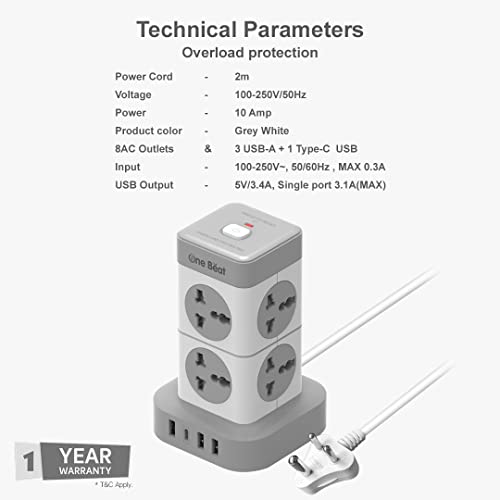 One Beat Mini Tower Extension Boards with USB Port with Universal Sockets and Charging Ports with Indicatori Plug Socket (8 Socket + 3 + 1 Type C), 250 Volts, White - Image 2