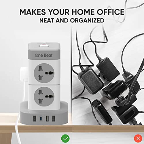 One Beat Mini Tower Extension Boards with USB Port with Universal Sockets and Charging Ports with Indicatori Plug Socket (8 Socket + 3 + 1 Type C), 250 Volts, White - Image 5