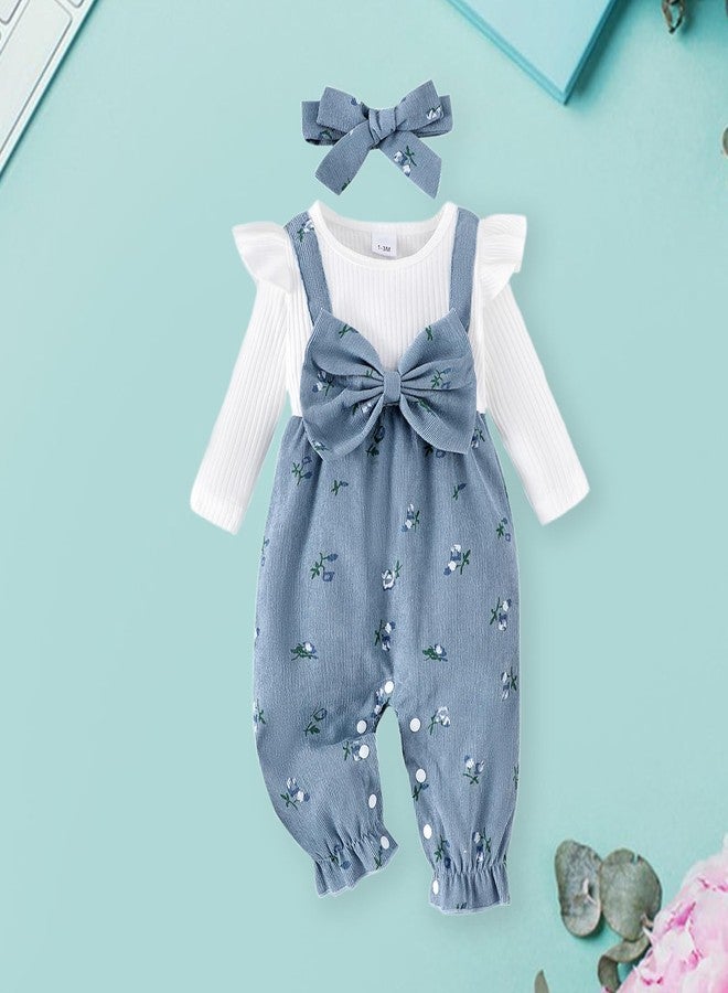 YINGISFITM Newborn Infant Baby Girl Clothes Fall Winter Long Sleeve Bubble Romper Floral Bow One Piece Jumpsuit Cute Outfits (Blue, 3-6 Months) - Image 3