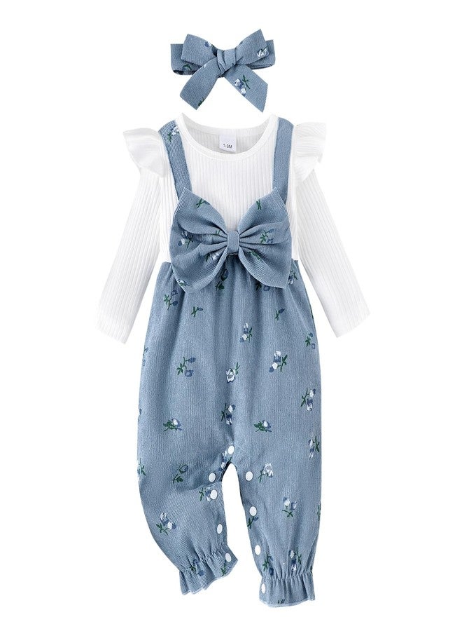 YINGISFITM Newborn Infant Baby Girl Clothes Fall Winter Long Sleeve Bubble Romper Floral Bow One Piece Jumpsuit Cute Outfits (Blue, 3-6 Months) - Image 1