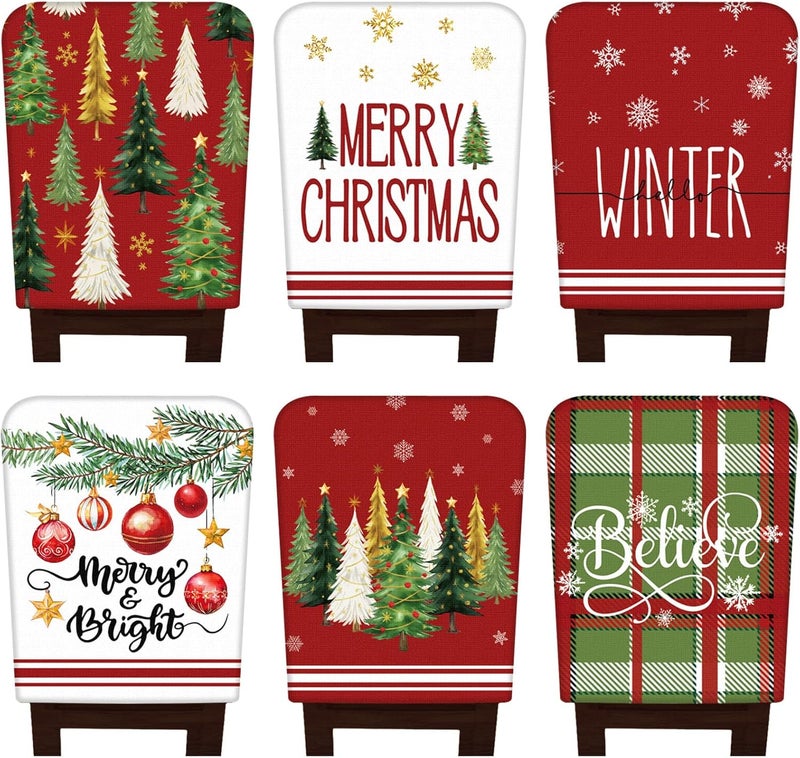 FuWeave 6 Pcs Christmas Chair Covers Christmas Chair Back Covers Xmas Chair Protector Slipcovers Washable Winter Dining Room Seat Covers for Home Hotel Kitchen Decorations (Red Green Christmas) - Image 1