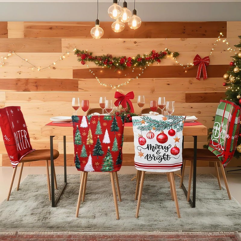 FuWeave 6 Pcs Christmas Chair Covers Christmas Chair Back Covers Xmas Chair Protector Slipcovers Washable Winter Dining Room Seat Covers for Home Hotel Kitchen Decorations (Red Green Christmas) - Image 5