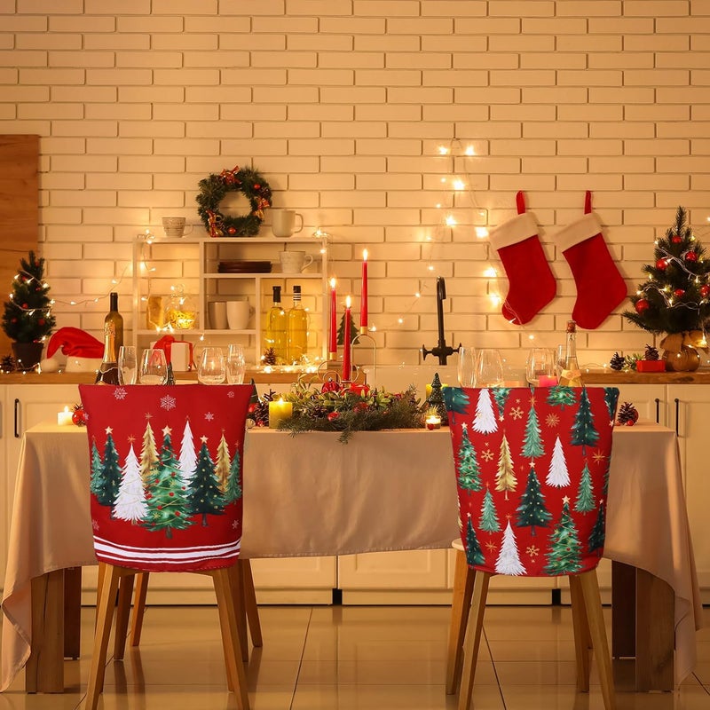 FuWeave 6 Pcs Christmas Chair Covers Christmas Chair Back Covers Xmas Chair Protector Slipcovers Washable Winter Dining Room Seat Covers for Home Hotel Kitchen Decorations (Red Green Christmas) - Image 2
