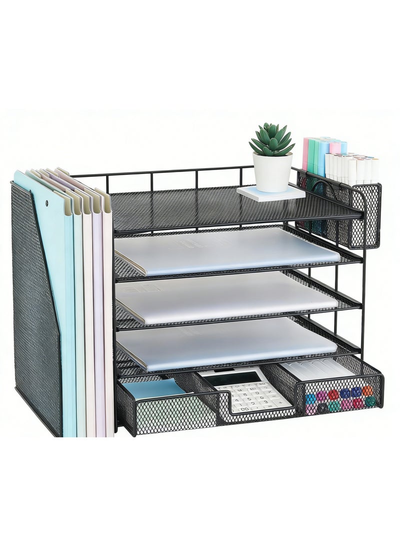 Desk Organizer and Accessories with Document Holder, 4-Tier Desk Accessory and Workspace Organizer with Drawers and 2 Pen Holders, Office Supply Paper Organizer (Black) - Image 1