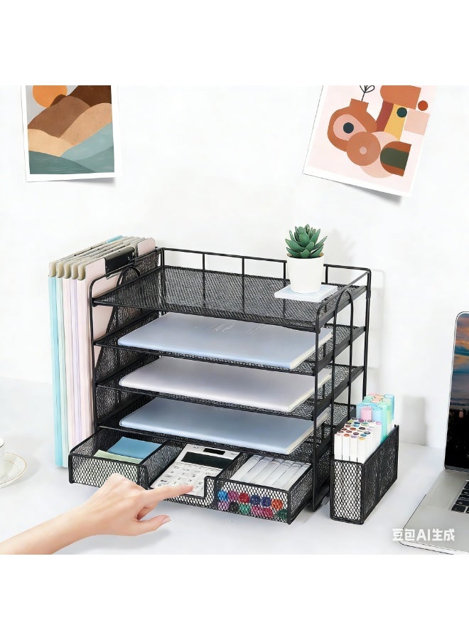 Desk Organizer and Accessories with Document Holder, 4-Tier Desk Accessory and Workspace Organizer with Drawers and 2 Pen Holders, Office Supply Paper Organizer (Black) - Image 2