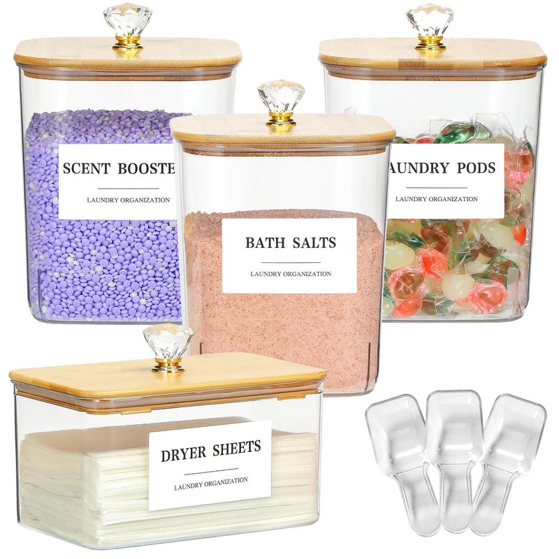 Dounozzi 4 Pack Clear Laundry Pods Container & Dryer Sheet Holder Set with Lid, Laundry Containers with Scoops & Labels, Laundry Room Organization and Storage for Laundry Detergent, Pods, Powder, Beads - Image 1