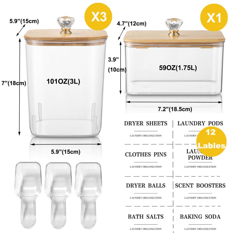 Dounozzi 4 Pack Clear Laundry Pods Container & Dryer Sheet Holder Set with Lid, Laundry Containers with Scoops & Labels, Laundry Room Organization and Storage for Laundry Detergent, Pods, Powder, Beads - Image 5