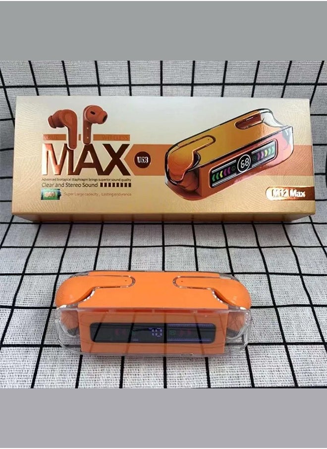 CATANES - M12 MAX Wireless Bluetooth Headset Transparent Digital Display Color Screen Touching Type Long Battery Life Headset Game Mode Bluetooth Headset Orange - Image 1