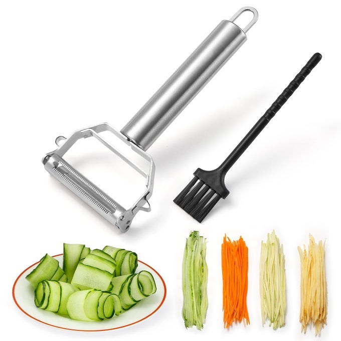 STAINLESS STEEL PEELER JULIENNE CUTTER SLICER FOR CARROT POTATO MELON VEGETABLE AND FRUIT WITH CLEANING BRUSH