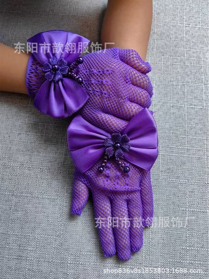 Bridal Lace Fingerless Gloves for Flower Girls Dark violet  - Image 1