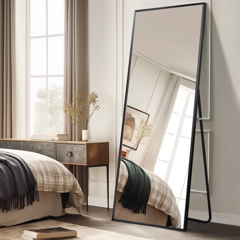 NeuType Full Length Mirror 64x22 With Stand Wall Mounted or Floor Standing Large Dressing Mirror for Hanging or Leaning Against Wall Aluminum Alloy Thin Frame Black