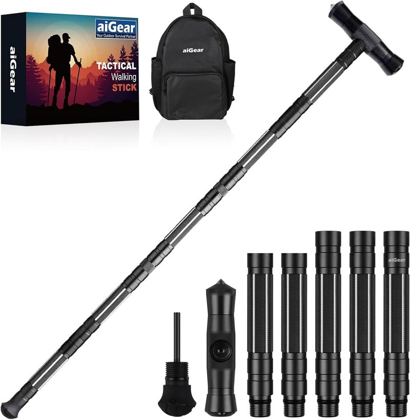 aiGear G2 Tactical Stick Hiking Walking Staff - Trekking Poles Outdoor Adjustable Hiking Stick for Camping Hiking 5-8 Tubes（with Multitool） - Image 1