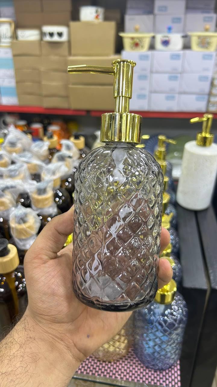 Generic Decorative Glass Soap Dispenser with Gold Pump, Diamond Pattern, clear glass .lo