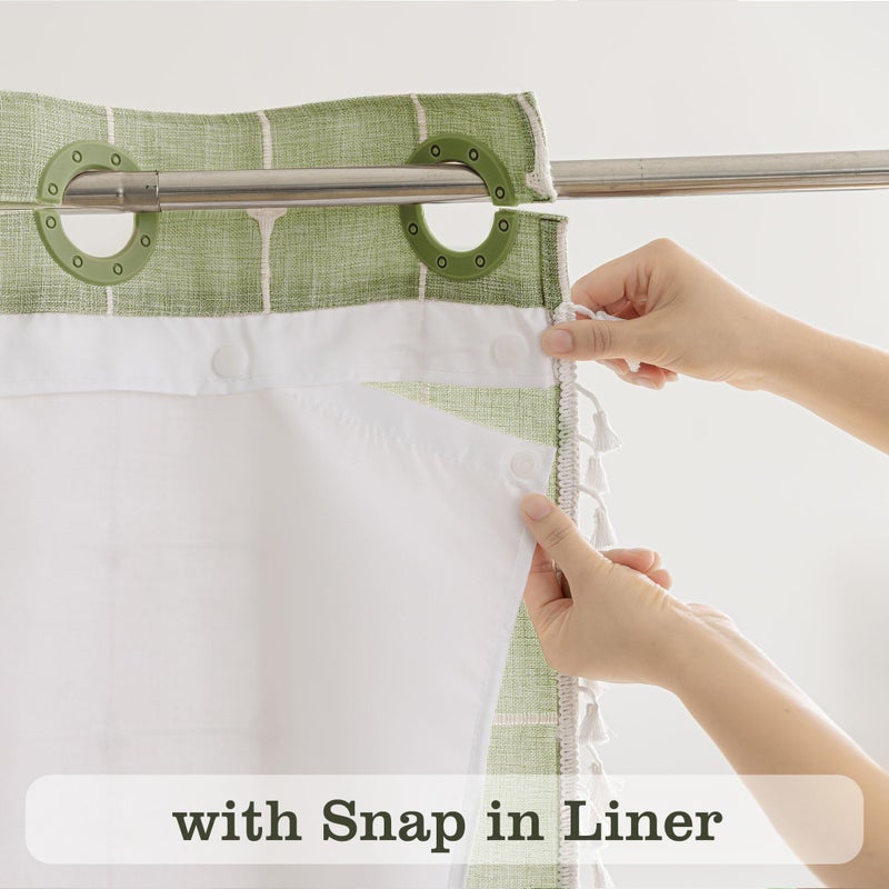 River Dream Sage Green Farmhouse Shower Curtain with Snap-in Liner, No Hooks Needed,with Magnets,with Tassels,Water Repellent&Machine Washable,71x74Inch - Image 2