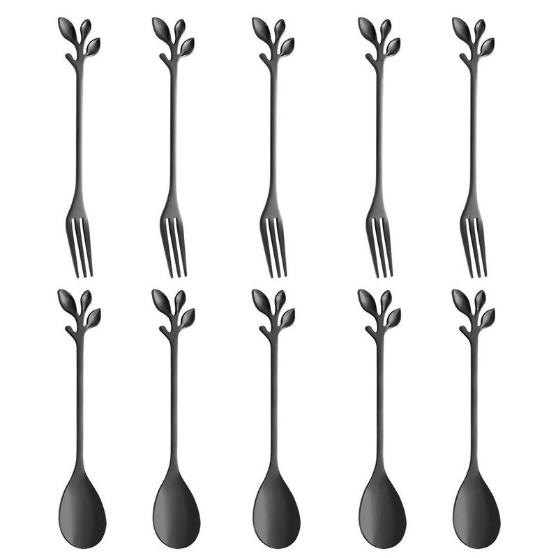 AnSaw 10Pc Black Mini Spoons Forks Set 47 Stainless Steel Leaf Handle Ideal for CoffeeTea Appetizers Tastings Parties Charcuterie Cocktails