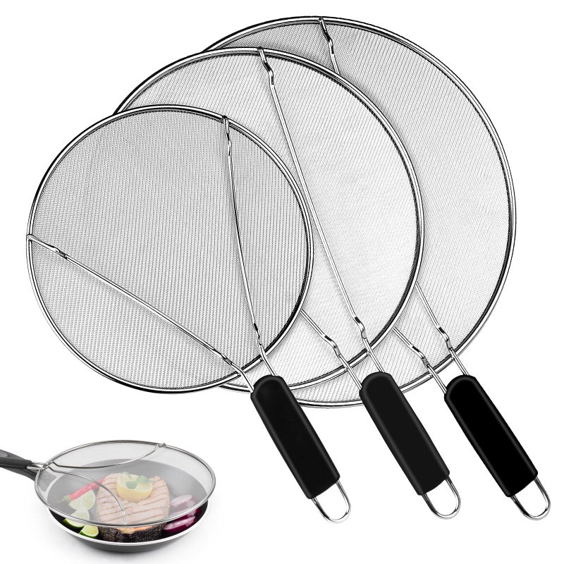 Nonley Splatter Screen for Frying Pan  98 114 13 Stainless Steel Fine Mesh Grease Splatter Guard with Silicone Handle Hot Oil Splash Guard for Cooking to Prevent Oil Splatter Safe Cooking