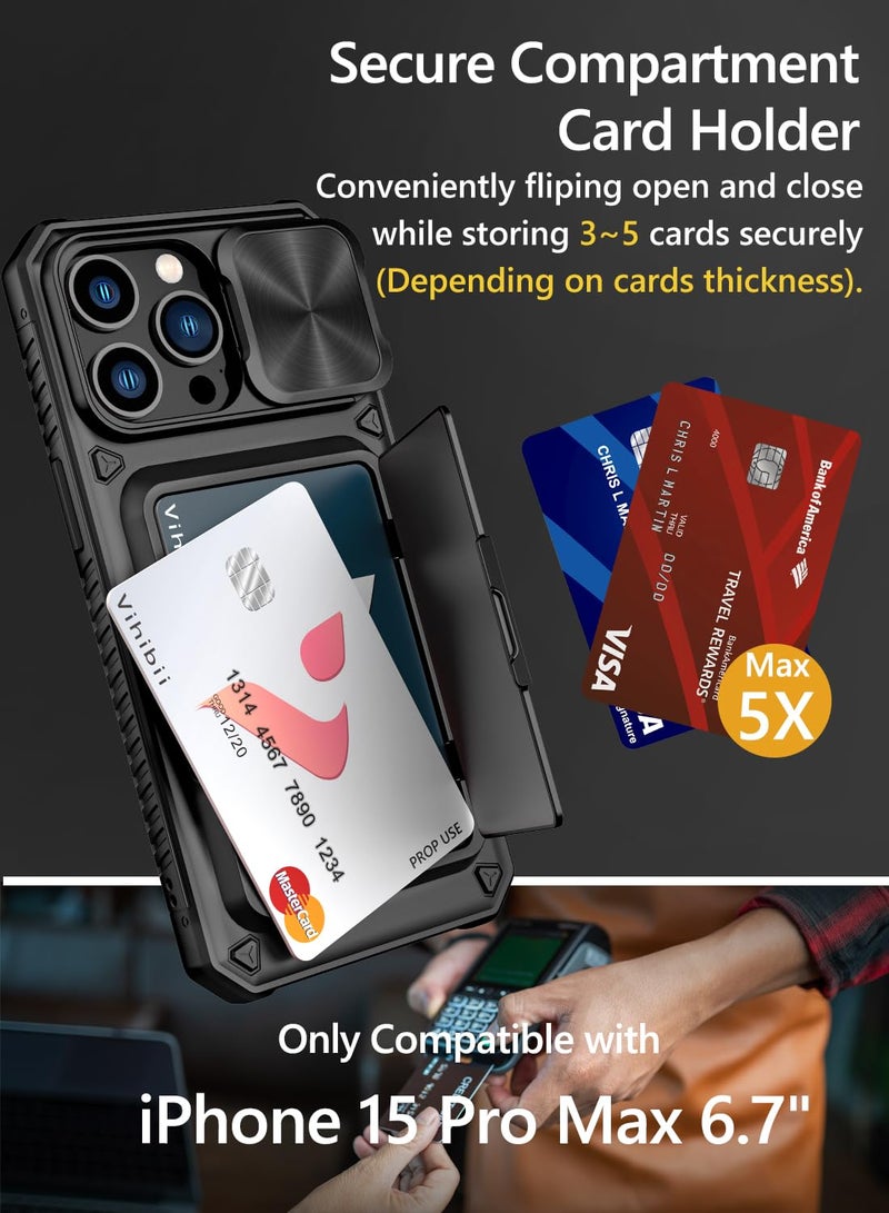 Vihibii for iPhone 15 Pro Max Case with Card Holder (4 Cards) & Slide Camera Cover & Kickstand, Military Grade Drop Protection, Rugged Hard Back & Silicone Edge Wallet Phone Case, 6.7" 2023, Black - Image 2