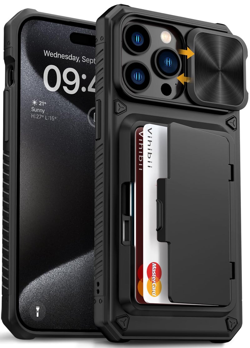 Vihibii for iPhone 15 Pro Max Case with Card Holder (4 Cards) & Slide Camera Cover & Kickstand, Military Grade Drop Protection, Rugged Hard Back & Silicone Edge Wallet Phone Case, 6.7" 2023, Black - Image 1