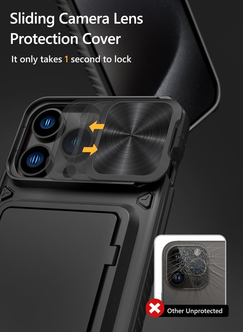 Vihibii for iPhone 15 Pro Max Case with Card Holder (4 Cards) & Slide Camera Cover & Kickstand, Military Grade Drop Protection, Rugged Hard Back & Silicone Edge Wallet Phone Case, 6.7" 2023, Black - Image 3