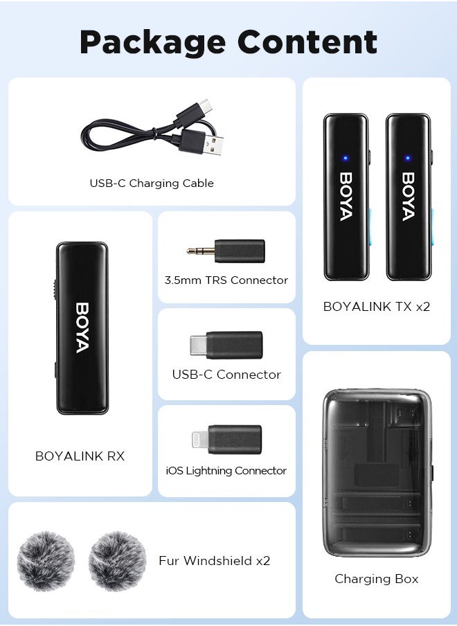 BOYA - BOYALINK Wireless Lavalier Microphone,Dual Channel Clip on Mic,Portable Charging Case with Lightning,USB-C,3.5mm Jack Adapter for iPhone Andriod Camera,Noise Reduction for Vedio Audio Recording - Image 1