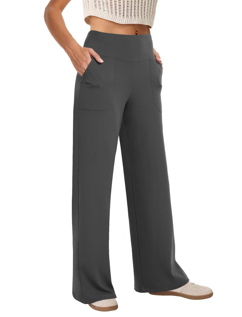COPYLEAF Wide Leg Pants Woman High Waist Yoga Pants with Pockets Loose Stretch Dress Work Sweatpants Casual Lounge(Dark Grey M) - Image 1