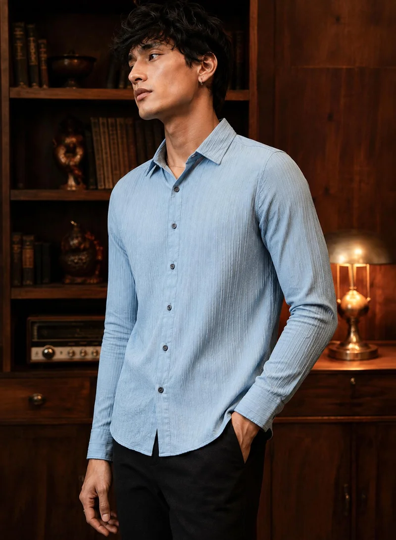 CAHOOT Cahoot Men's Blue Textured Poly Spandex Shirt