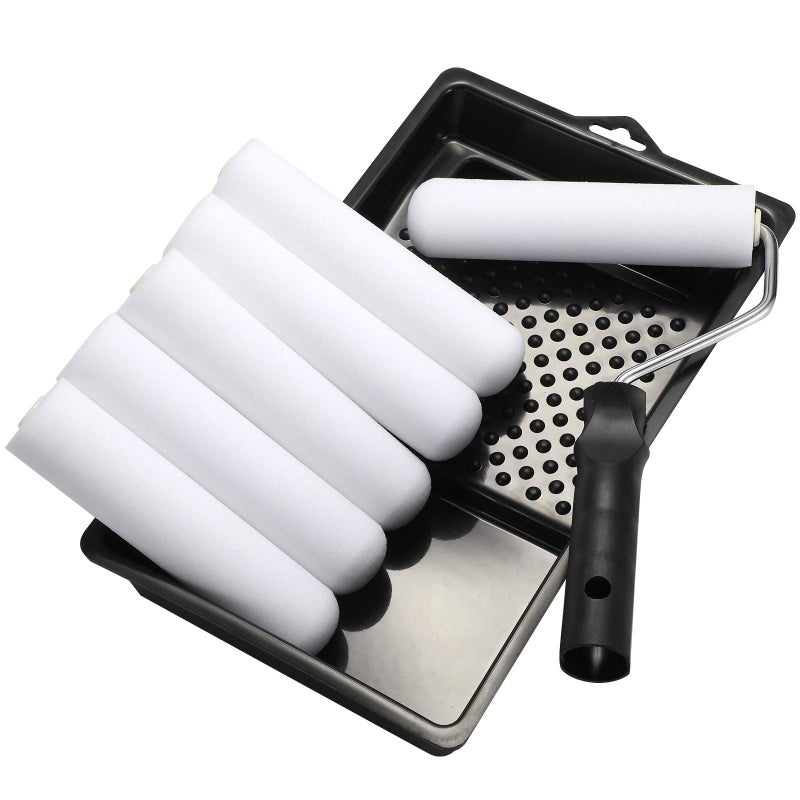 KUPOO Foam Paint Roller Set with 6-Inch High-Density Foam Mini Roller Cover Refills, Roller Frame and Tray, Bathtub Refinishing Roller Kit, Wall Tile Paint Roller, Pack of 8 - Image 1
