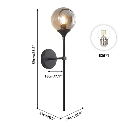 KCO Lighting Modern Smoke Grey Glass Globe Wall Sconce Black Matte Slim Wall Sconce Long Slim Wall Mount Light Vintage Industrial Wall Lamp for Hallway Stairs Bathroom - Image 2