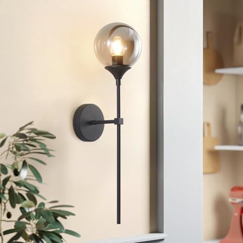 KCO Lighting Modern Smoke Grey Glass Globe Wall Sconce Black Matte Slim Wall Sconce Long Slim Wall Mount Light Vintage Industrial Wall Lamp for Hallway Stairs Bathroom - Image 4