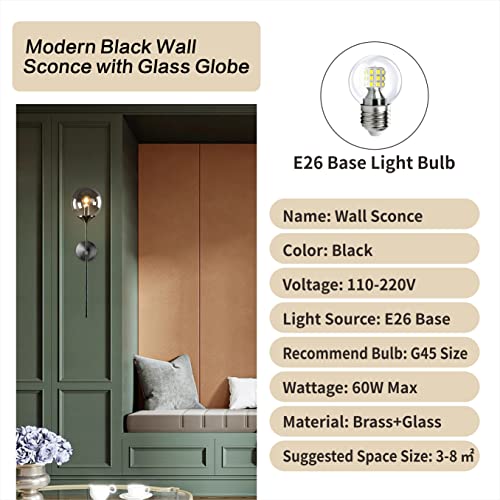 KCO Lighting Modern Smoke Grey Glass Globe Wall Sconce Black Matte Slim Wall Sconce Long Slim Wall Mount Light Vintage Industrial Wall Lamp for Hallway Stairs Bathroom - Image 3