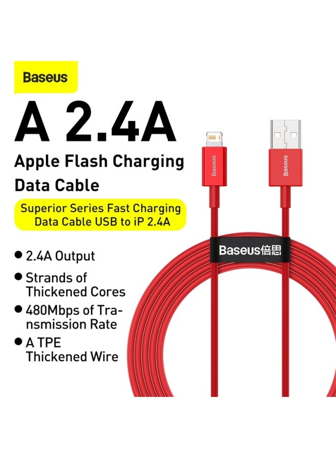 بيسوس كابل للشحن السريع ونقل البيانات من سلسلة سوبريور بمنفذ USB إلى Lightning بتيار 2.4 أمبير متوافق مع جهاز آيفون 11 و12 و13 برو ماكس وميني وXS وX و8 و7 و6 و5 وSE وآي باد وغير ذلك (بطول متر واحد) أحمر - Image 2