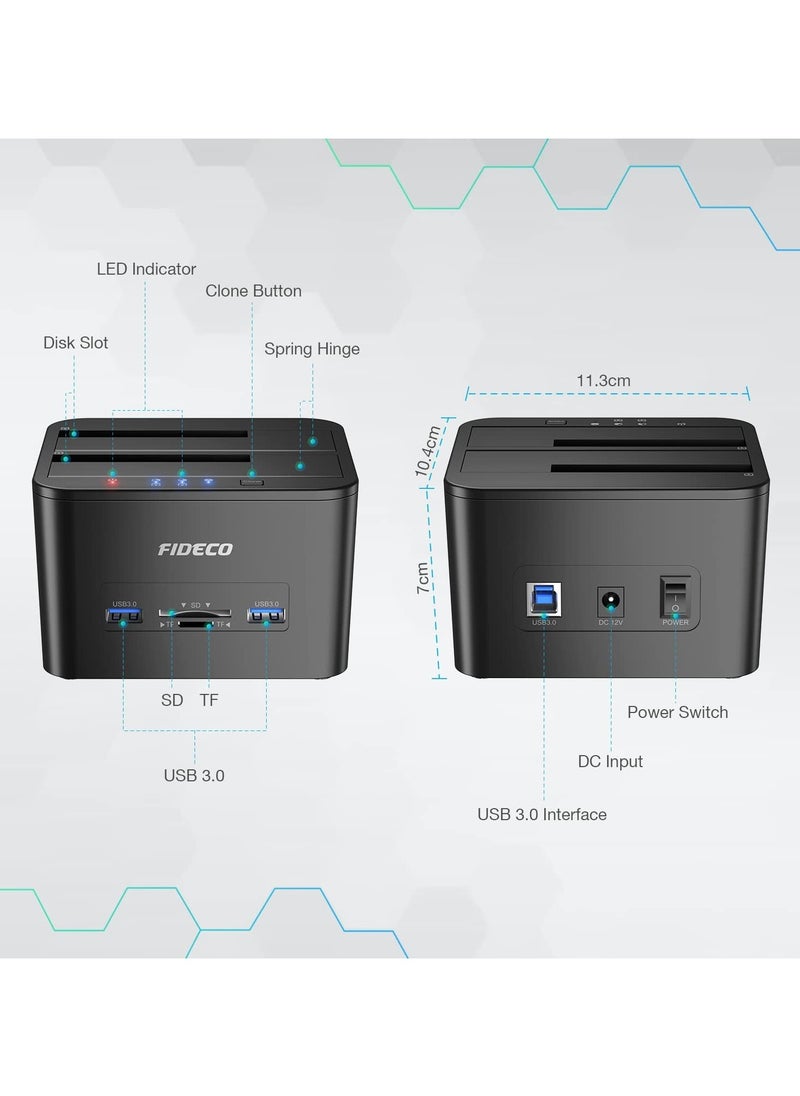 FIDECO - FIDECO USB 3.0 Dual-Bay External Hard Drive Docking Station with Offline Clone Function for 2.5in/3.5in SATA SSD, Support TF and SD Card - Image 1