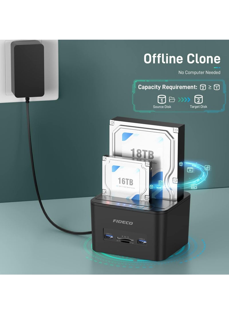 FIDECO - FIDECO USB 3.0 Dual-Bay External Hard Drive Docking Station with Offline Clone Function for 2.5in/3.5in SATA SSD, Support TF and SD Card - Image 1