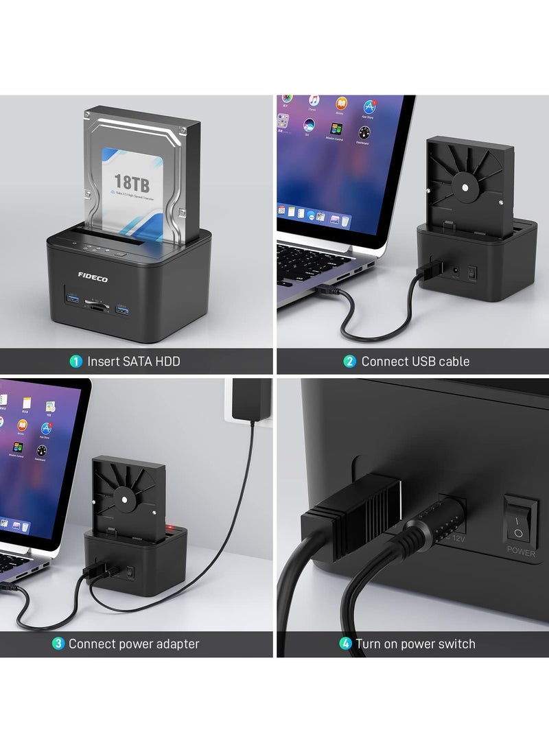 FIDECO - FIDECO USB 3.0 Dual-Bay External Hard Drive Docking Station with Offline Clone Function for 2.5in/3.5in SATA SSD, Support TF and SD Card - Image 1